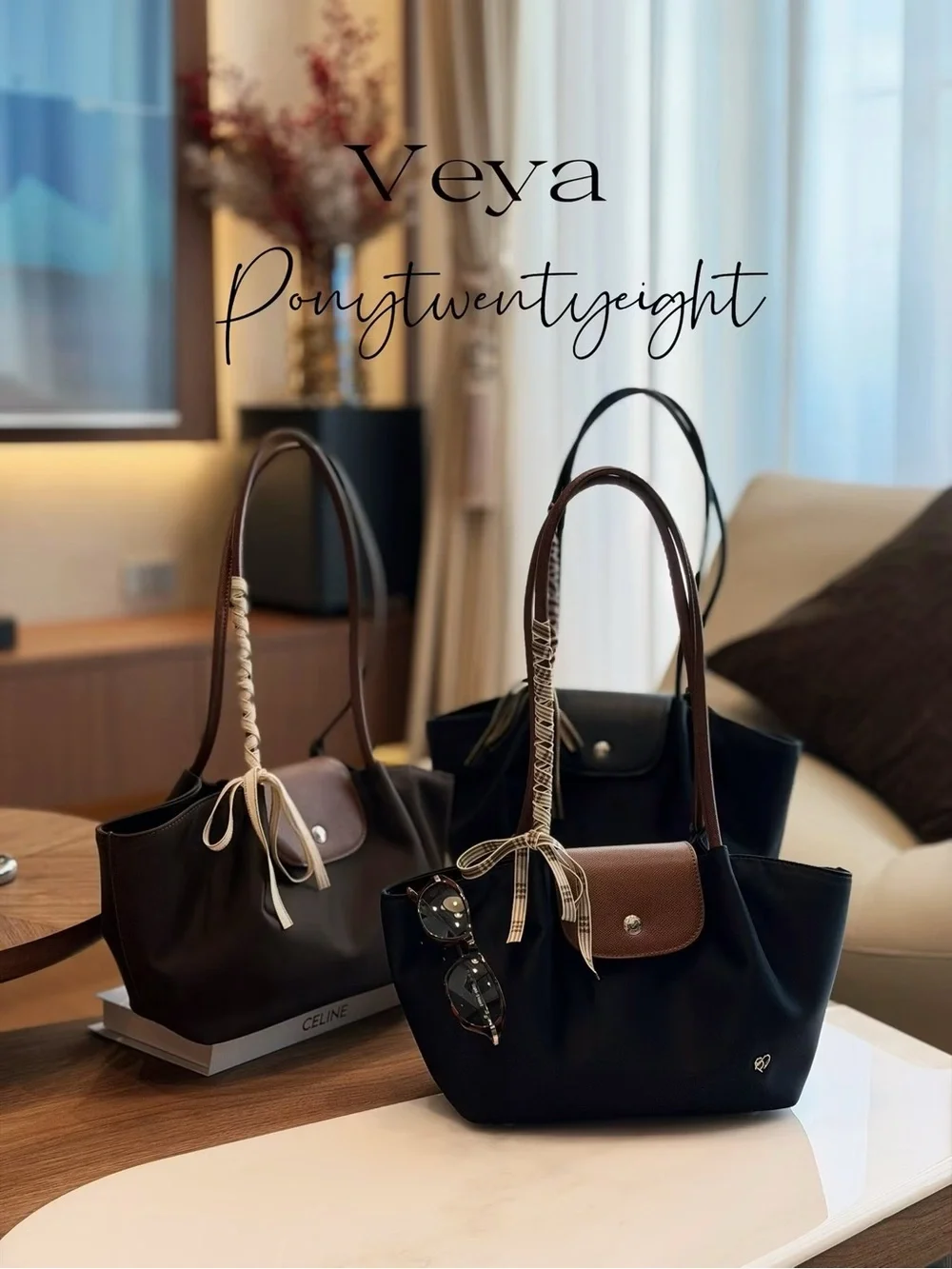 Pony Twentyeight Pink Tote VEYA Bag with Brown Trim - Women's Shoulder Bag